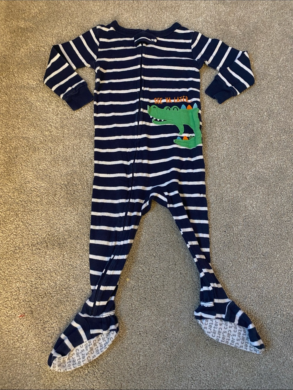Carter’s 12 Month Navy Stripe Footed One-Piece with Green Alligator